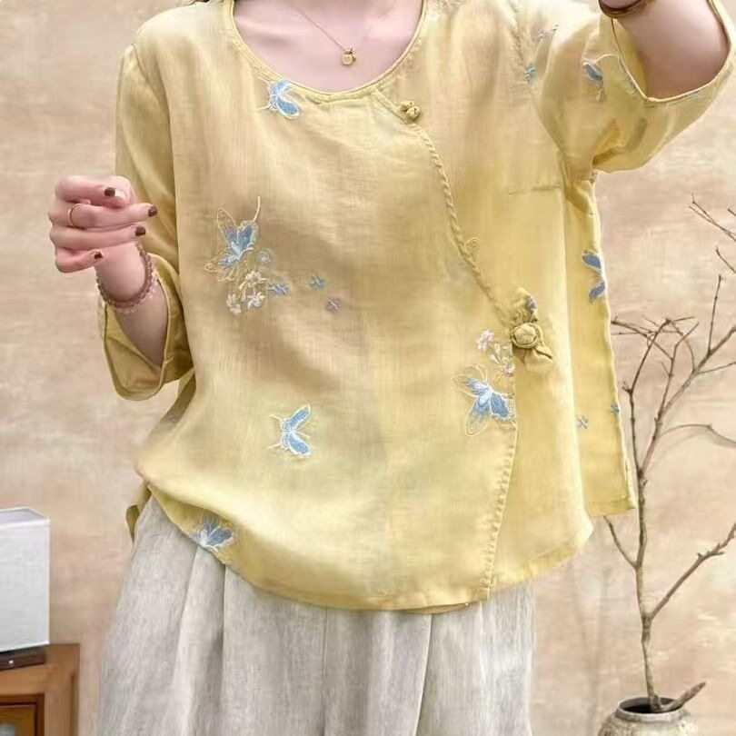 特价园园美衣苎麻衬衣半袖女刺绣国风盘扣斜门襟复古衬衫上衣短袖