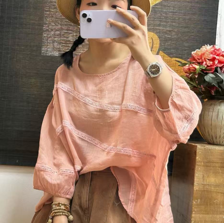 园园美衣25夏 韩版宽松减龄苎麻拼接花边圆领七分袖衬衫T恤女图片