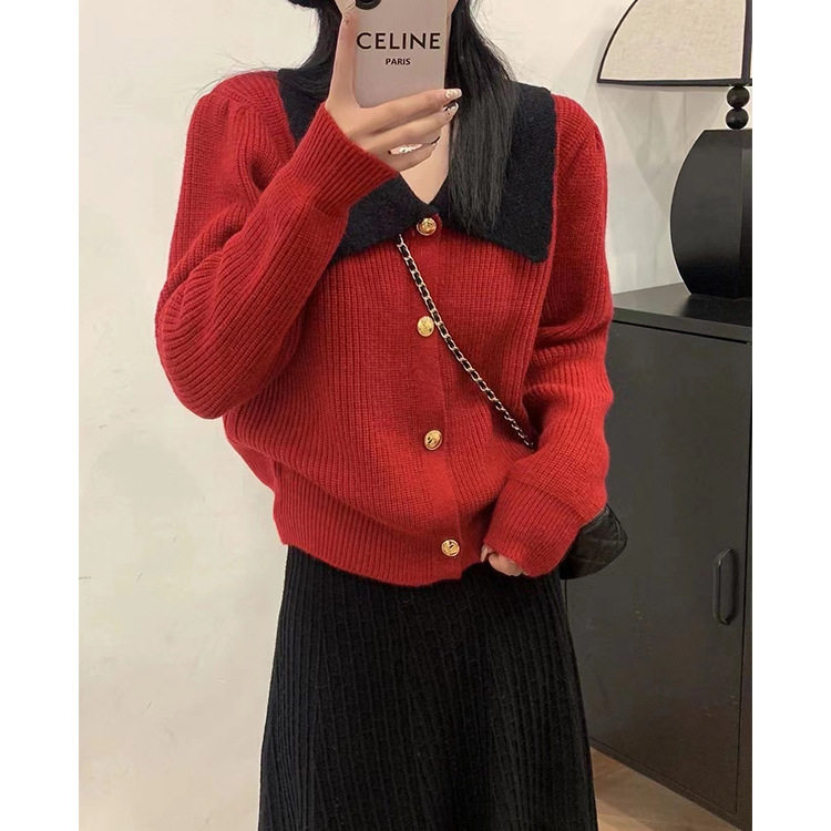 园园美衣拼色慵懒风加厚针织开衫女秋冬2022新款内搭打底毛衣外套