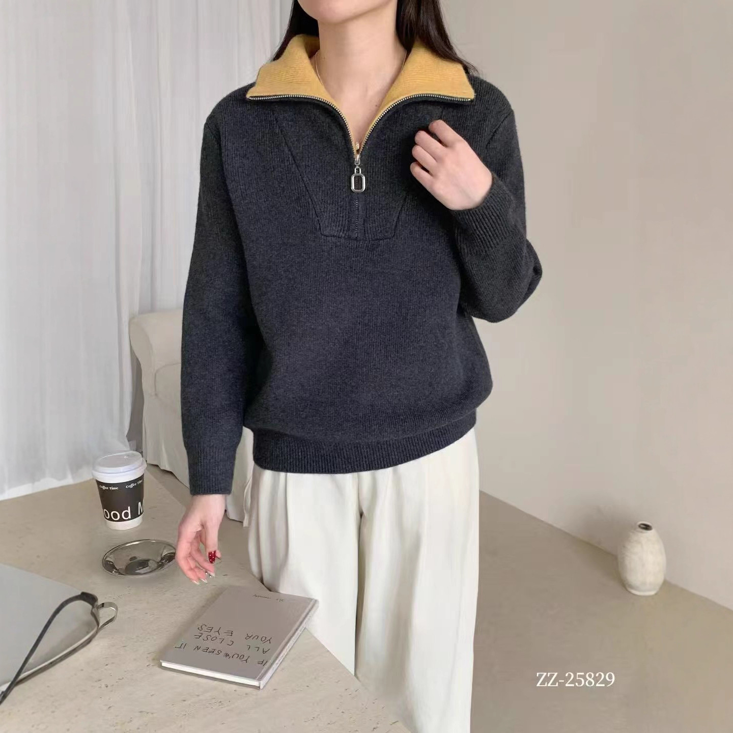 园园美衣衣半开口拉链撞色加厚保暖毛衣新款学院风宽松休闲针织衫