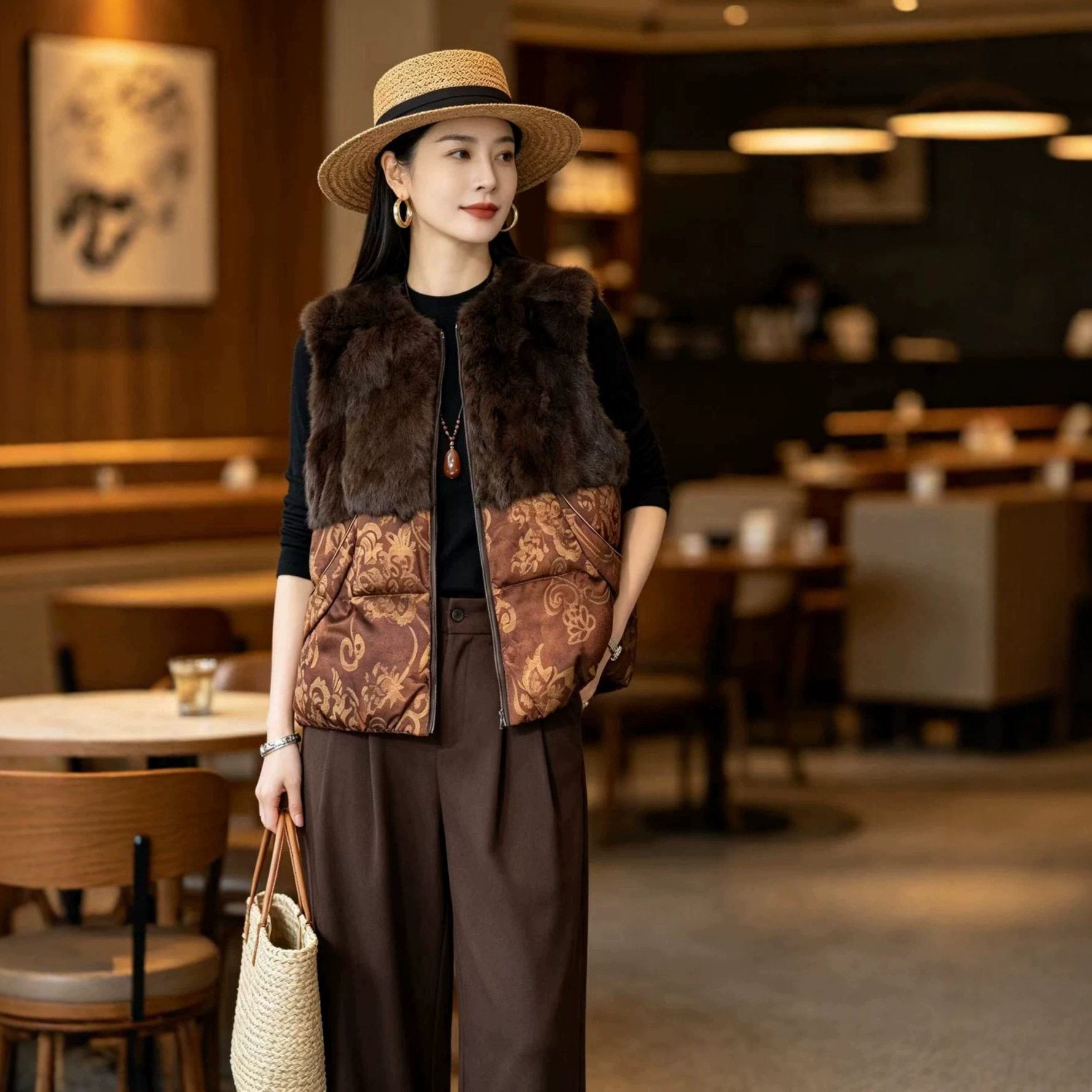 园园美衣风女装提花拼接兔毛马甲复古高级感冬季保暖加棉上衣外套