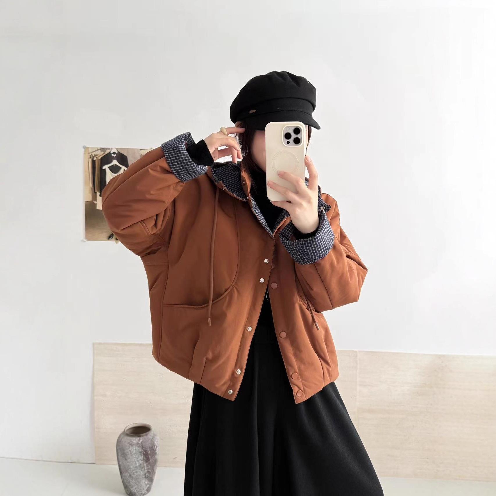 园园美衣韩版连帽格子拼接棉服外套25秋冬新款休闲时尚棉衣外套