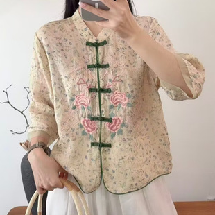 园园美衣印花衬衫女 2026春新款文艺新中式盘扣国风七分袖上衣923