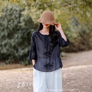 上衣苎麻女花边袖 园园美衣新款 新中式 圆领刺绣半开襟衬衫 国风 小衫