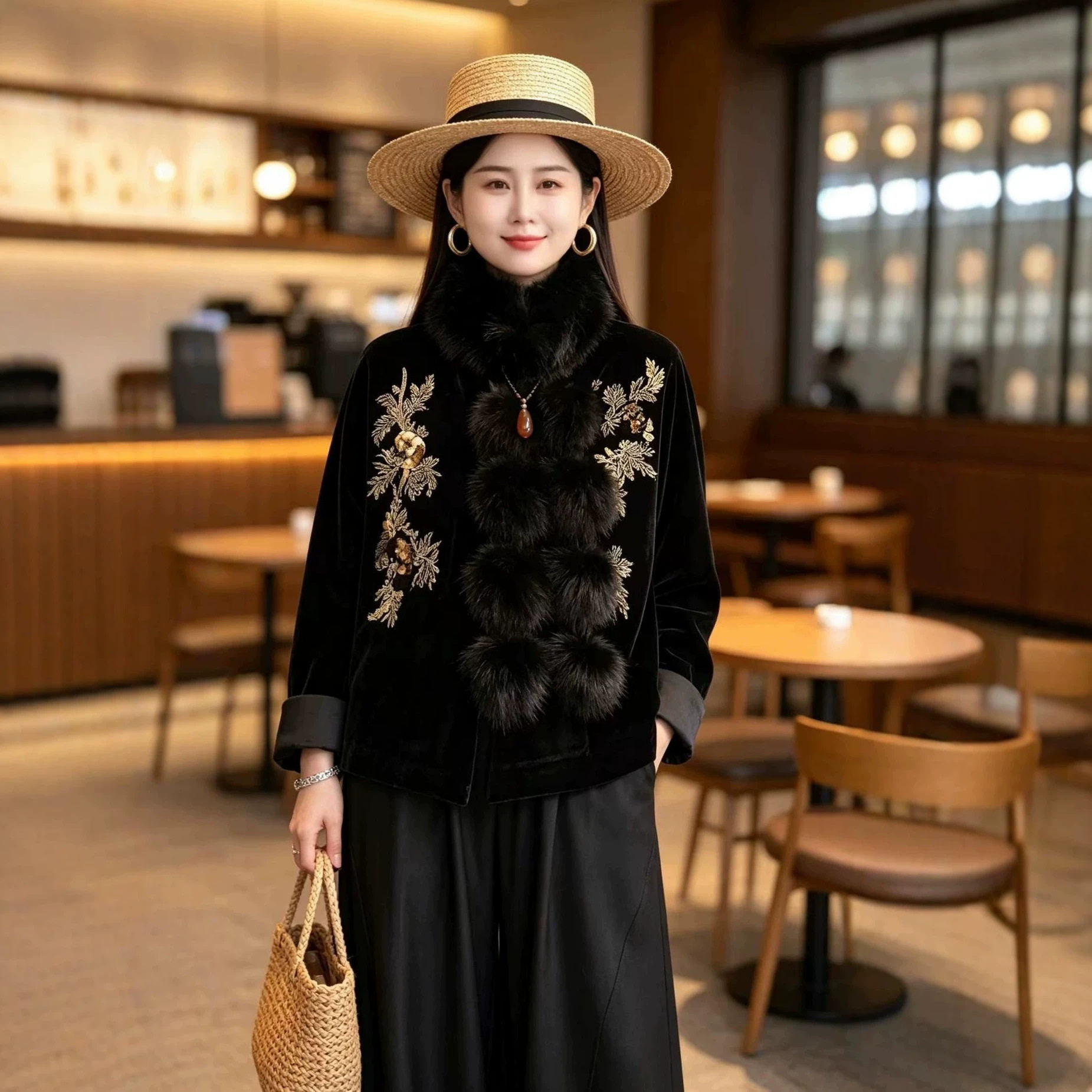 园园美衣风女装丝绒夹棉古法绣钉珠外套老钱风复古高级感棉衣秋冬