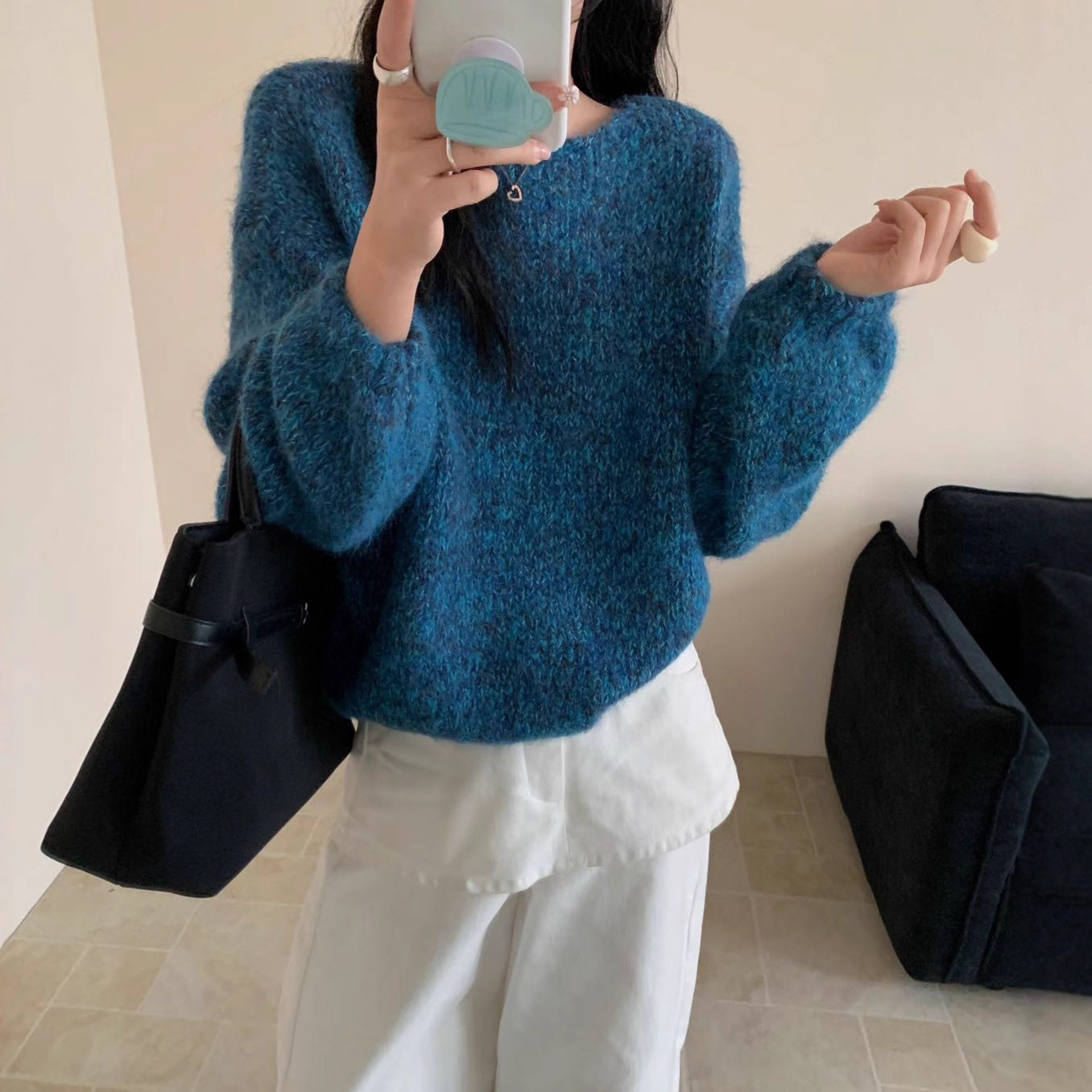 园园美衣韩版复古花线圆领蓝色套