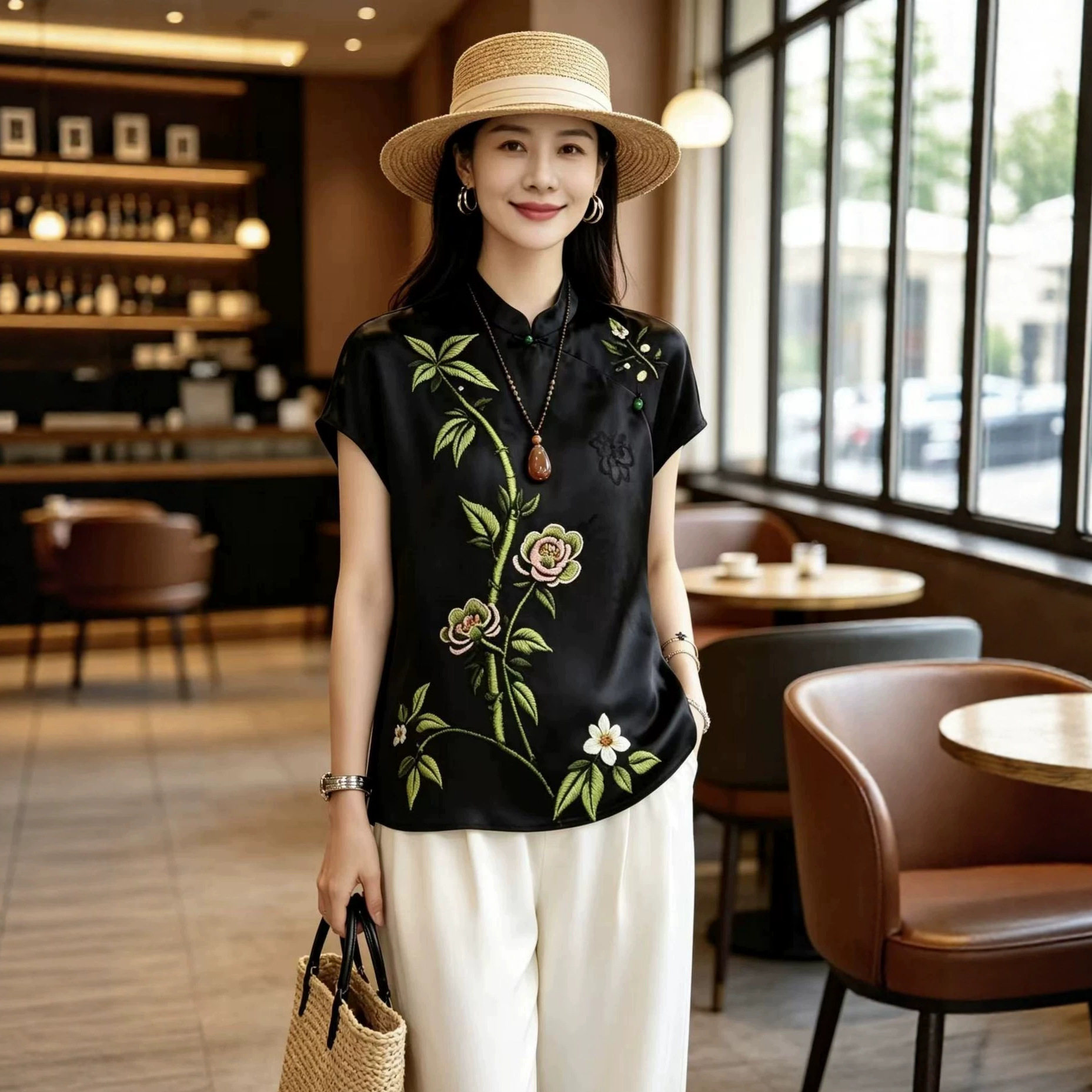 园园美衣风人丝香云纱短袖提花改良旗袍小衫复古夏季新款高端上衣