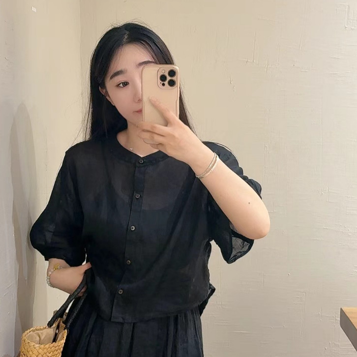 园园美衣苎麻衬衫女25夏新款时尚纯色立领宽松显瘦五分袖宽松衬衣图片