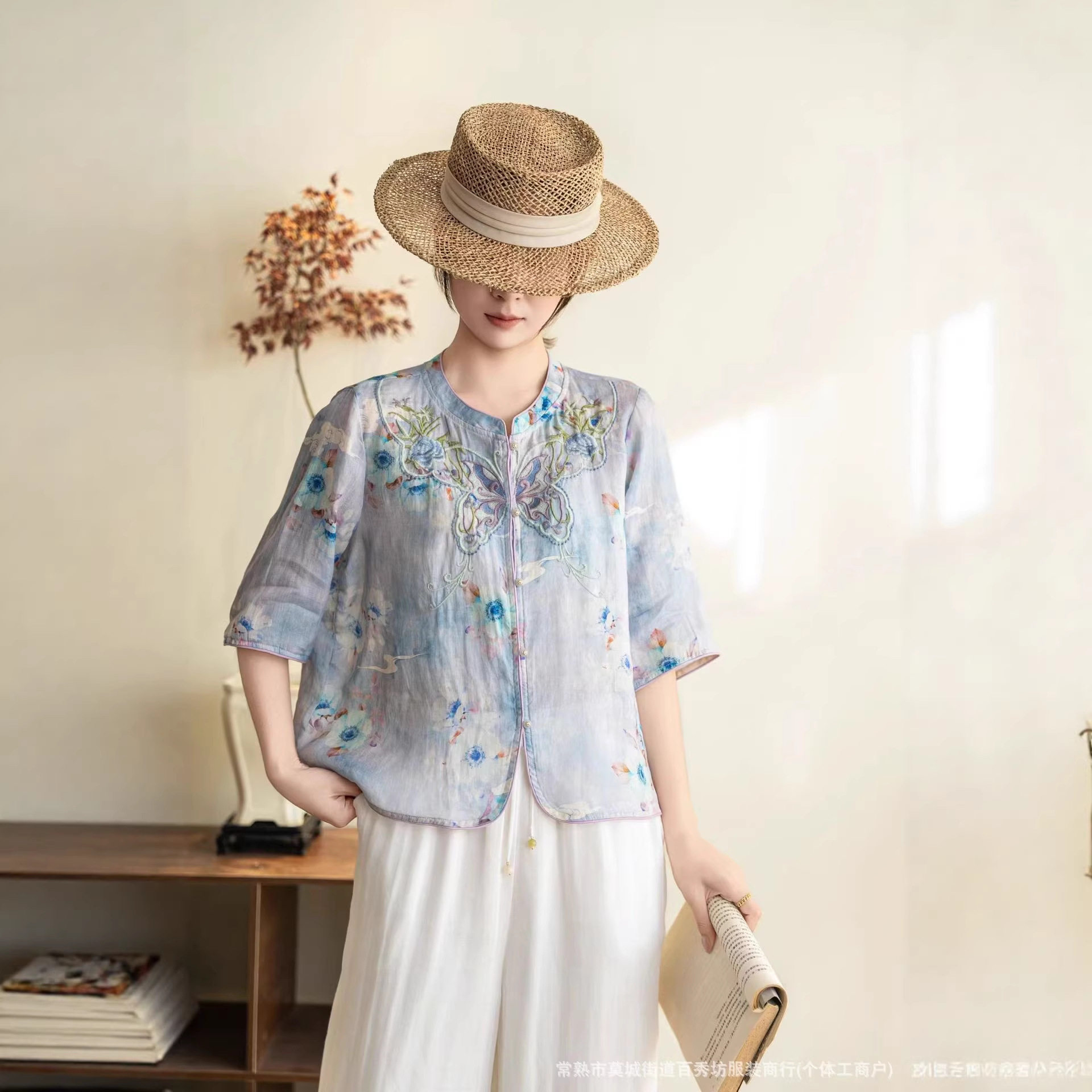 园园美衣衫女2026夏季新款立领开衫上衣刺绣透气清凉短袖宽松小衫