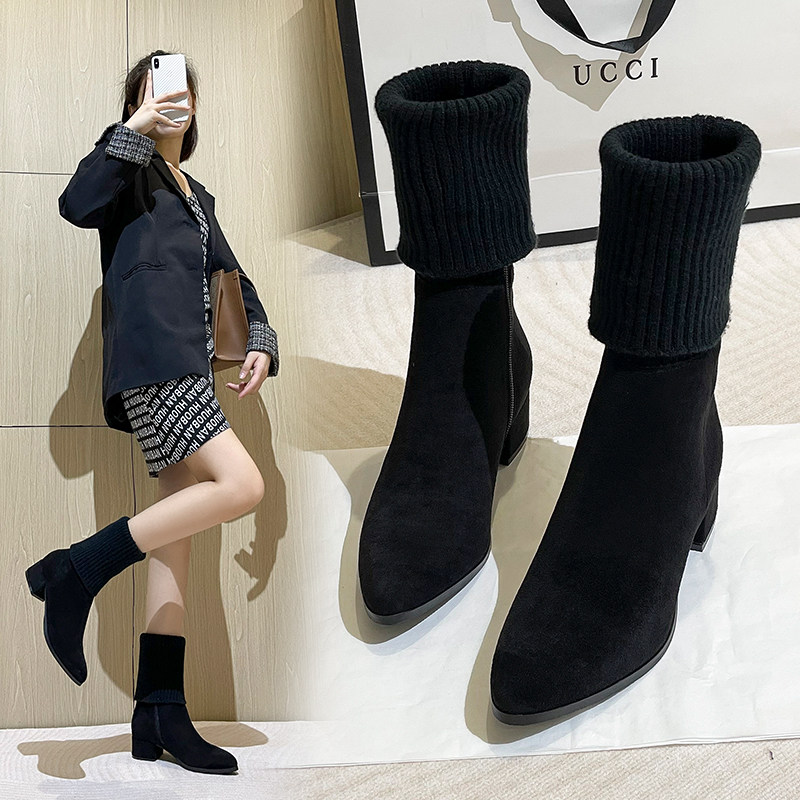 真皮弹力短靴女2025冬季加绒弹力中筒靴百搭针织二穿马丁靴袜子靴,女鞋,马丁靴,淘宝优惠券,粉丝福利购,淘宝优惠卷