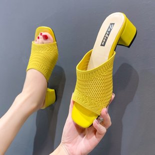 女2020夏季 女凉拖鞋 新款 飞织外穿一字时尚 韩版 中跟凉拖鞋