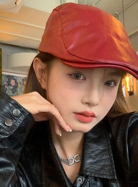 红色复古皮质前进帽女韩