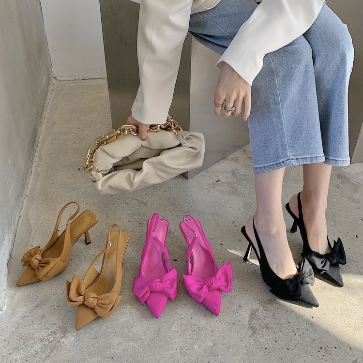 2025夏季新款韩版时尚尖头包头套脚蝴蝶结高跟凉鞋细跟女鞋
