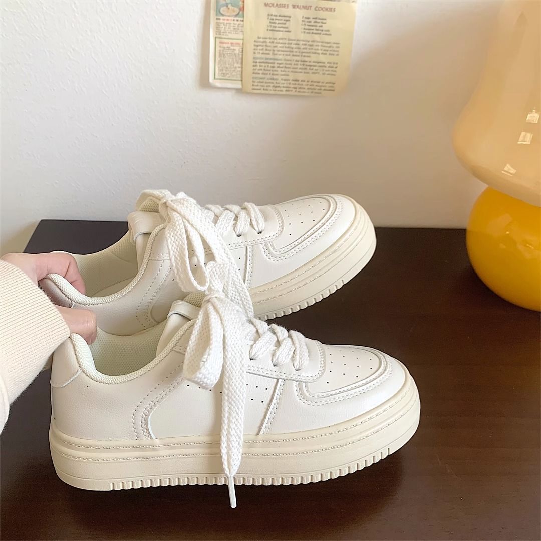 奶油厚底小白鞋女皮面秋