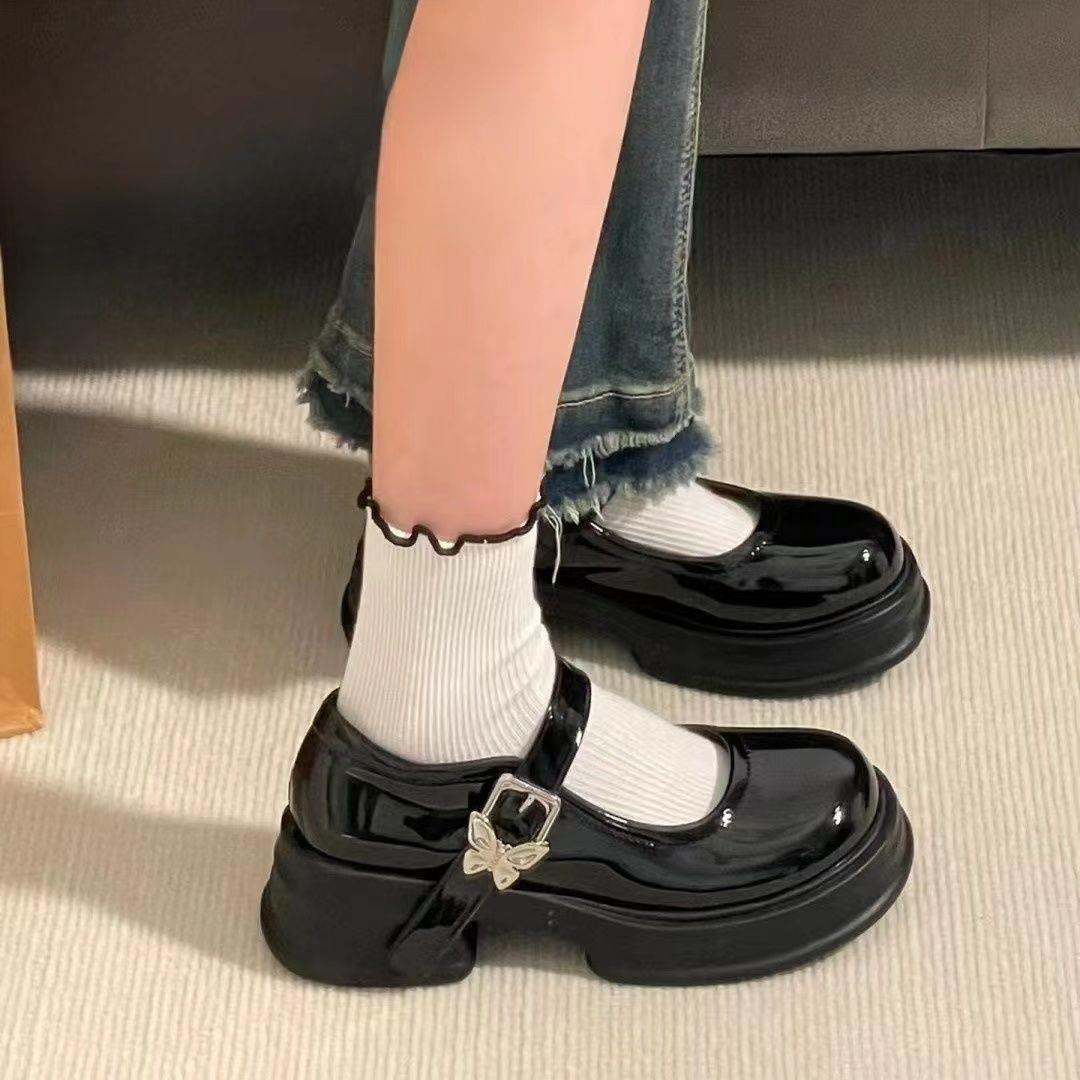 增高夏季黑色圆头jk日系厚底法式高跟小皮鞋女春秋复古单鞋