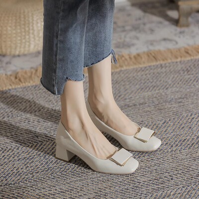 粗跟单鞋女2025新款百搭气质中跟浅口妈妈鞋法式职业高跟鞋子