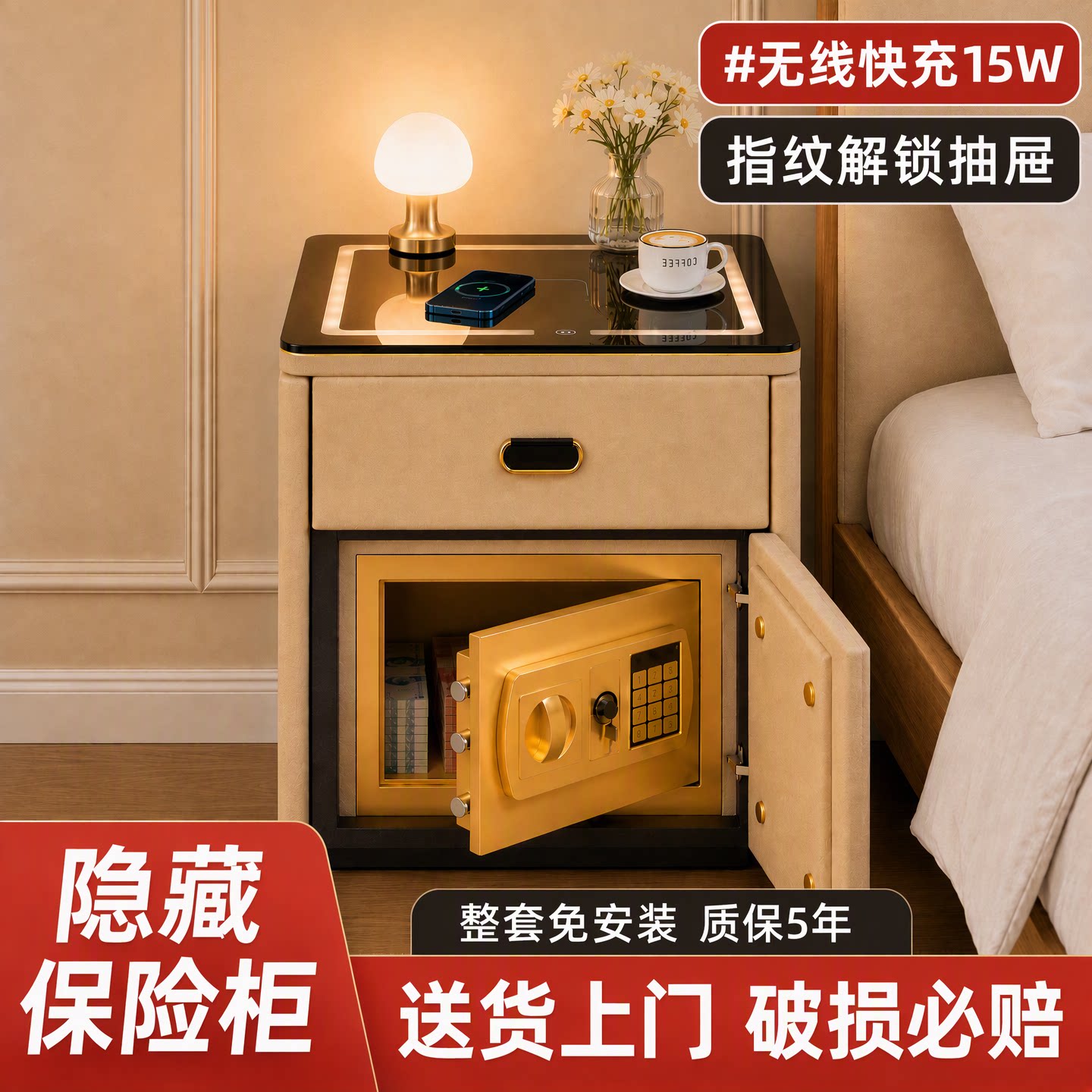 防盗隐藏式床头柜保险箱一体