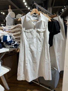 BM同源 POLO无袖修身纯棉白色双口袋工装简约衬衫式连衣裙 学生裙