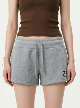 美式运动短裤  瑞秋风纯棉28数字刺绣灰色抽绳系带松紧腰舒适卫裤