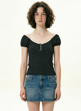 复古甜美 2026新品黑白波点法式气质露琐骨纽扣泡泡短袖系带上衣