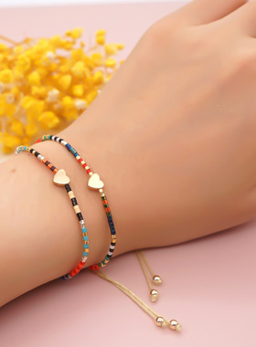 ins日韩小清新DB米珠小手链桃心串珠学生闺蜜友谊礼物编织手绳女