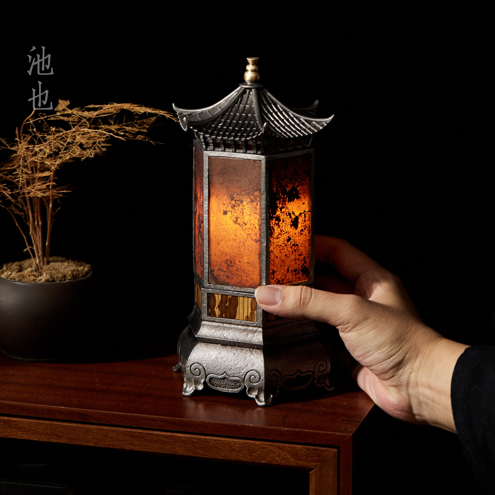 池也梅妃竹古篱六角宫灯禅意烛台茶室布置中式氛围岩石灯茶台摆件