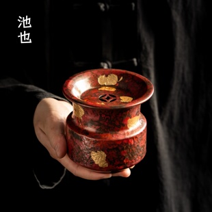 池也纯手工紫铜建水中式纯铜带盖茶渣缸家用复古茶洗水盂废水桶