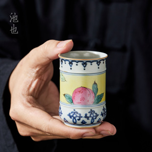 池也纯手绘青花寿桃陶瓷闻香聚香中式瓷茶杯主人专用高档品茗杯