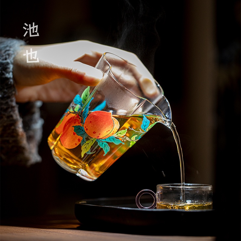 池也福满仙桃海棠高硼硅玻璃公杯手工分茶器匀杯公道杯茶配件茶海