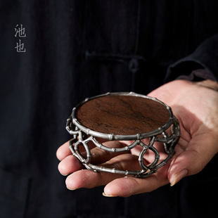 池也古篱茶杯盖置复古竹节盘根铜圆鼓托座盖置铜杯托茶托杯垫摆件