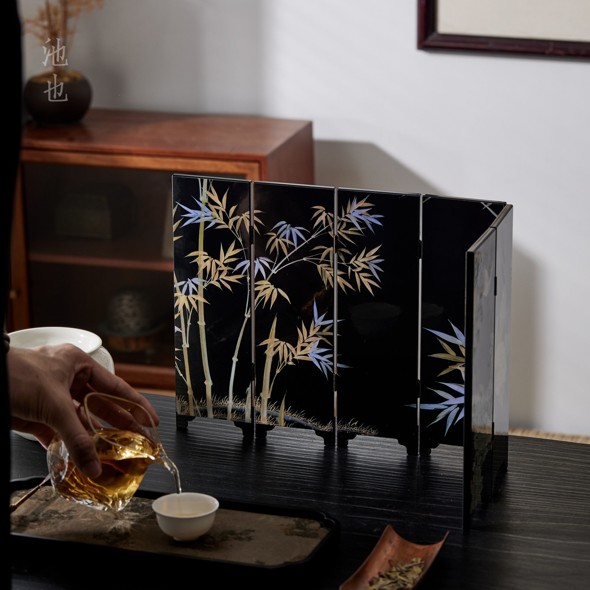池也中式竹子茶空间桌面摆件漆器双面屏风创意客厅摆件玄关装饰