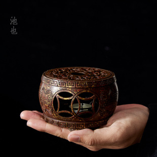 池也鼓型温茶炉蜡烛温茶黄铜底座家用保温小火炉烤茶提香器煮茶炉
