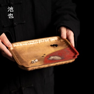 池也紫铜壶承手打锤纹鎏银紫砂养壶干泡茶台托盘储水长方形茶盘