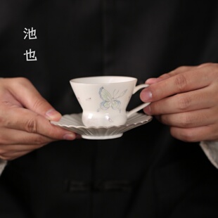 池也手绘蝴蝶个人杯家用女士精致葫芦陶瓷咖啡杯喝水杯防烫主人杯