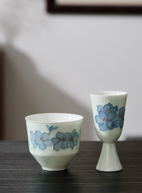 池也手绘淡蓝色樱花女士精致品茗杯小高足杯茶具陶瓷主人杯单杯