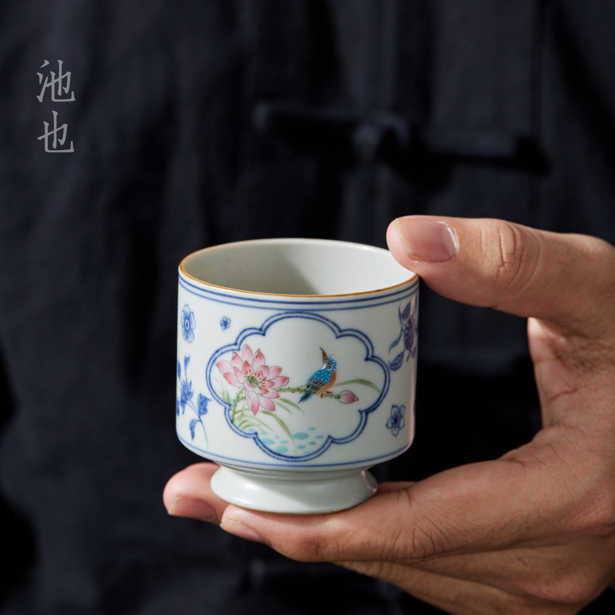 池也新款景德镇纯手绘荷香翠鸟高脚杯陶瓷斗彩主人杯品茗杯茶具