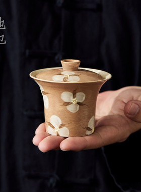 池也牧渔木棉马蹄陶瓷盖碗手工陶泥盖碗复古化妆土女士精致茶具