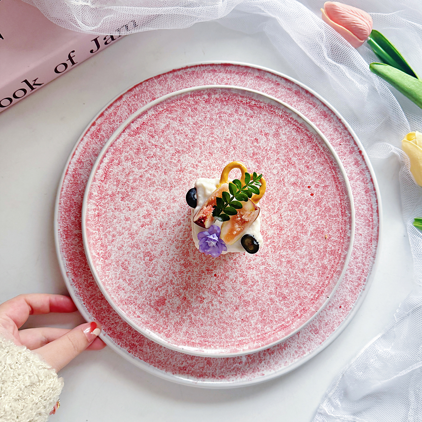超美纹理粉色少女心甜品盘西餐盘