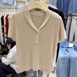 上衣女8338 Star2026夏季 韩系气质百搭小翻领纯色莱赛尔针织短袖