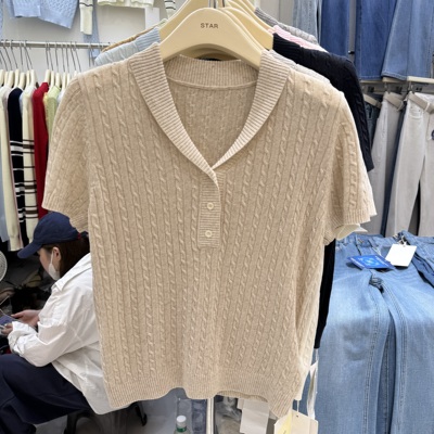 Star2026夏季韩系气质百搭小翻领纯色莱赛尔针织短袖上衣女8338#