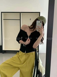 DMW2025夏季韩版斜肩显瘦百搭一字肩拉链开衫T恤女上衣潮M16#