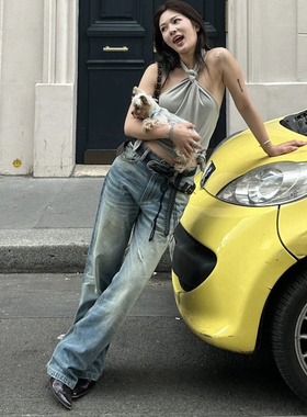 Liegee | 蓝色磨白合体弯刀牛仔裤