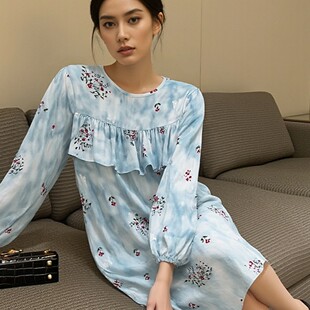 春秋女妈妈舒适时尚防漏不凸点棉绸夏睡衣荷叶边长袖连衣绵绸睡裙