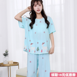 2023新夏棉绸女士短袖八分中裤薄款绵绸睡衣套装人造棉家居亲子装