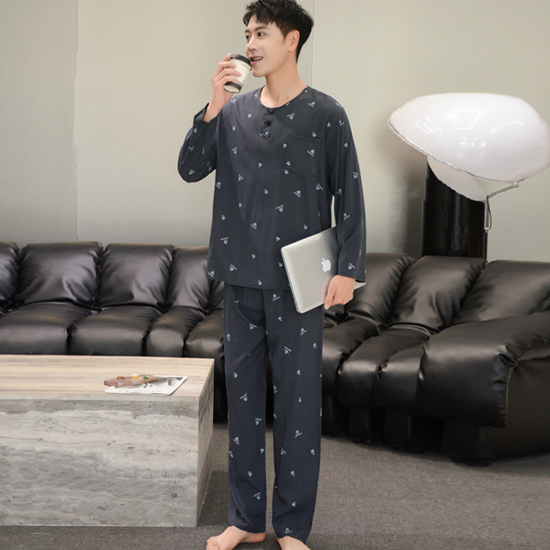 中老年男士棉绸家居服绵绸春秋睡衣人造棉圆领夏长袖长裤休闲套装
