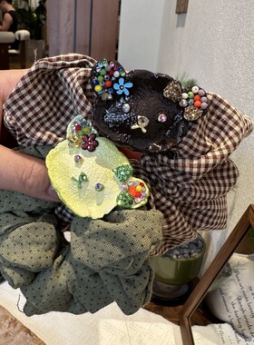 复古波点大肠发圈手工镶钻小熊布艺发绳田园风小众扎发皮筋头绳女