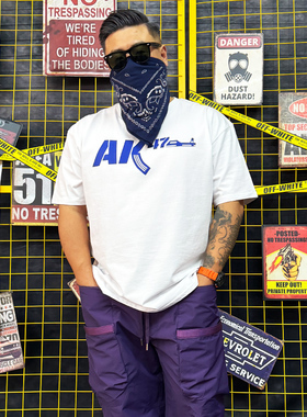 核爆炸潮牌AK47夏季250g蓝白色印花男士宽松大码半袖短袖全棉T恤