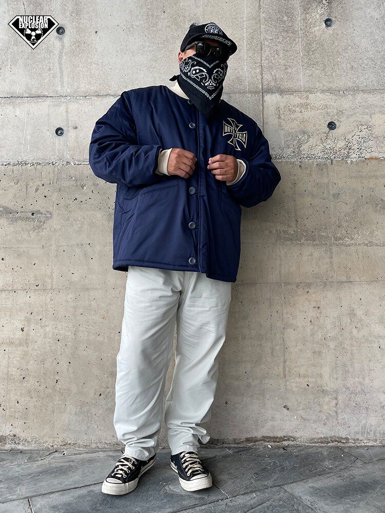 NUCLEAR EXPLOSION 5150 TREND STAND UP COLLAR SHORT MENS LARGE SIZE THICKENED WARM RETRO NAVY BLUE COARSE COTTON JACKET