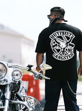 OGMC哈雷摩托俱乐部队服机车风格250克纯棉宽松大背标男女短袖T恤