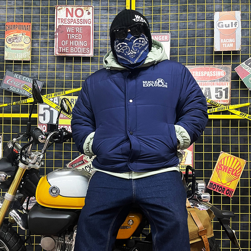核爆炸潮牌冬季保暖男士棉服蓝绿拼色宽松大码假两件连帽棉衣外套